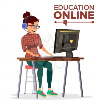 Education Online Vector. Young Handsome Woman In Headphones Sitting. Home Online Training Course. Modern Study Technology. Isolated Flat Cartoon illustration