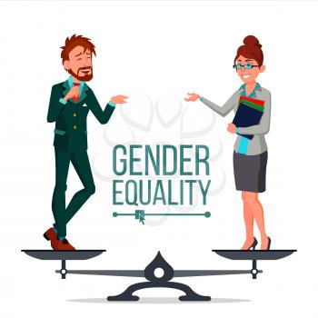 Gender Equality Vector. Man, Woman, Male, Female On Scales. Equal Opportunity. Isolated Flat Cartoon Illustration