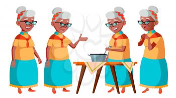 Old Woman Poses Set Vector. Black. Afro American. Elderly People. Senior Person. Aged. Friendly Grandparent. Web, Poster, Booklet Design Isolated Cartoon Illustration
