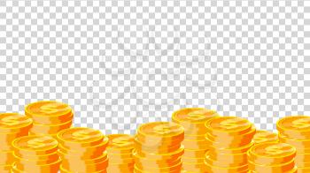 Coins Vector. Gold Dollar Coins. Finance Heap, Dollar Coin Pile. Golden Money. Isolated Flat Illustration