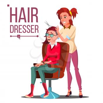 Hairdresser And Woman Vector. Beauty Salon. Hairbrush. Haircut. Styling Isolated Cartoon Illustration