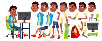 Boy Schoolboy Kid Vector. Black. Afro American. High School Child. Animation Creation Set. Face Emotions, Gestures. Secondary Education. Animated. Cartoon Illustration