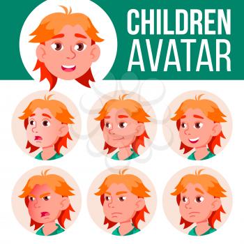 Boy Avatar Set Kid Vector. High School. Face Emotions. Children. Beautiful, Funny. Cartoon Head Illustration