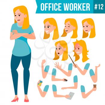 Office Worker Vector. Woman. Happy Clerk, Servant, Employee. Business Woman Person. Lady Face Emotions, Various Gestures. Animation Creation Set. Flat Character Illustration