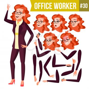 Office Worker Vector. Woman. Happy Clerk, Servant, Employee. Business Woman Person. Lady Face Emotions, Various Gestures. Animation Set. Flat Character Illustration