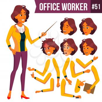 Office Worker Vector. Woman. Happy Clerk, Servant, Employee. Business Human. Face Emotions, Various Gestures. Animation Creation Set Isolated Character Illustration