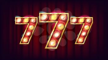 777 Banner Vector. Casino 3D Glowing Element. For Lottery, Poker, Roulette Design Illustration