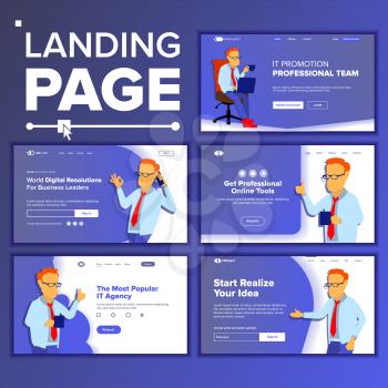 Landing Website Page Vector. Business Website. Web Page. Landing Design Template. Processes And Office Situation. Support Solution. Group Meeting. Product Testimonial. Illustration