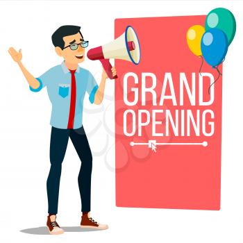 Businessman Announce Concept Vector. Screaming Announcement Banner Design. Man With Megaphone. Grand Opening. Search For Employees. Promotion Illustration