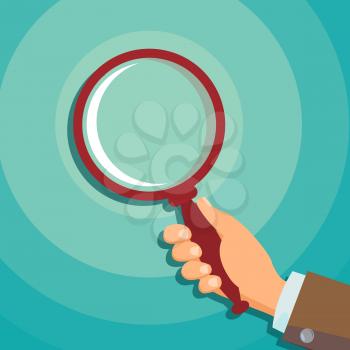Hand Holding Magnifying Glass Vector. Information Research. Detecting Business Concept. Flat Illustration