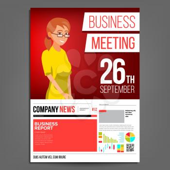Business Meeting Poster Vector. Business Woman. Layout. Presentation Concept. Red, Yellow Corporate Banner Template. A4 Size. Conference Hall. Illustration