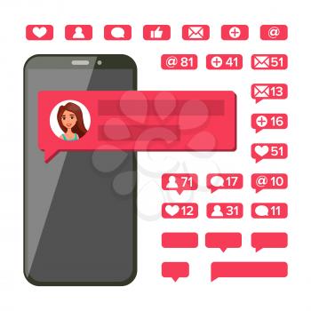 Chat Notification Vector. Mobile Phone. Messages, Likes, E-mail Bubbles. Web Online Talking, Dialog. Speak, Conversation Chatting Flat Isolated Illustration