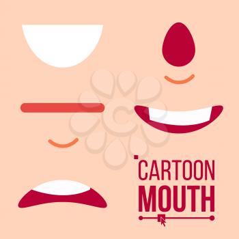 Cartoon Mouth Set Vector. Shock, Shouting, Smiling, Anger Expressive Emotions Flat Illustration