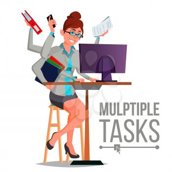 Multiple Tasks Business Woman Vector. Many Hands Simultaneously. Financial Occupation. Talented Worker. Flat Cartoon Illustration