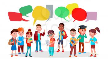 Group Of Pupils Vector. School. Discussing. Brainstorming. Talking Communication. Mix Race. Chat Bubbles Flat Cartoon Illustration