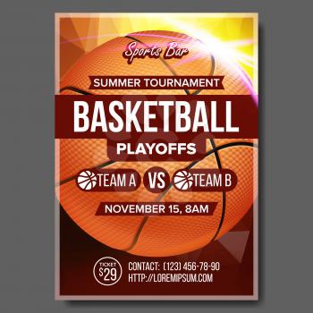 Basketball Poster Vector. Sport Event Announcement. Banner Advertising Leaflet. Ball. Professional League. Event Flyer Illustration