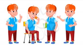Boy Schoolboy Kid Poses Set Vector. Primary School Child. Auditorium. Friendship. Pose, Beauty. For Web, Brochure, Poster Design. Isolated Cartoon Illustration