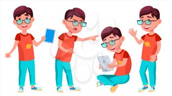 Boy Schoolboy Kid Poses Set Vector. Primary School Child. Schooler. Young People. University, Graduate. For Advertising, Placard, Print Design. Isolated Cartoon Illustration
