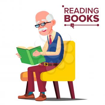 Old Man Reading Book Vector. Paper Book. Sitting In A Chair. Isolated Cartoon Illustration