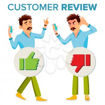 Customer Review Vector. Happy And Unhappy Man User. Positive, Negative Review. Testimonials Messages. Isolated Flat Illustration