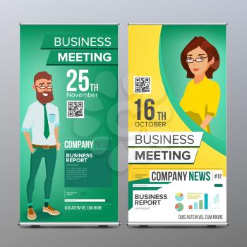 Roll Up Stand Vector. Vertical Flag Blank Design. Businessman And Business Woman. For Business Conference. Invitation Concept. Green, Yellow. Modern Flat Illustration