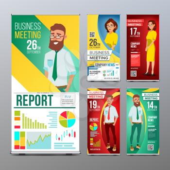 Roll Up Display Set Vector. Vertical Poster Template Layout. Businessman And Business Woman. Tech, Science. For Business Meeting. Advertising Concept. Business Cartoon Illustration