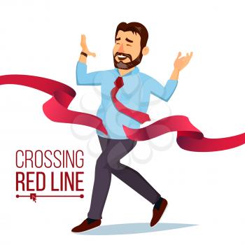 Businessman Crossing Red Line Vector. Office Worker. Leader Boss. First. Isolated Flat Cartoon Character Illustration