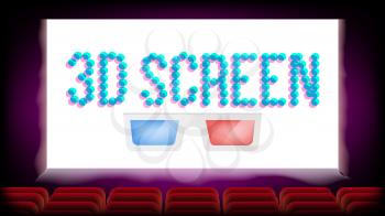 Screen 3D Movie Cinema Vector. Red Seats. Blank Premiere Poster. Illustration