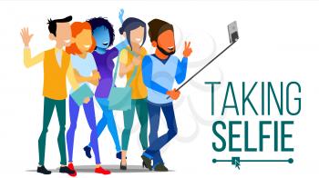 Taking Selfie Vector. Men, Women Laughing. Photo Portrait Concept. Self Camera. Youth Concept. Modern Isolated People Illustration