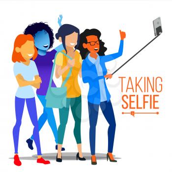 Girls Taking Selfie Vector. Photo Portrait Concept. Self Camera. Modern Isolated People Illustration