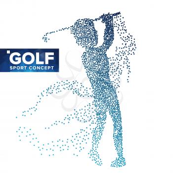 Golf Player Silhouette Vector. Grunge Halftone Dots. Golf Athlete In Action. Flying Particles. Sport Banner, Game Competitions, Event Concept. Isolated Illustration