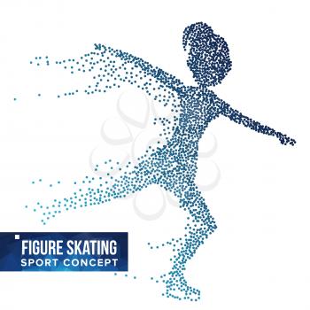 Figure Skating Player Silhouette Vector. Halftone Dots. Dynamic Ice Skating Athlete In Action. Flying Particles. Sport Banner, Game Competitions, Event Concept. Isolated Illustration