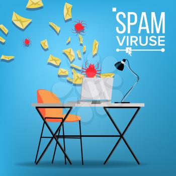 Spam Virus Vector. Internet Technology. Online Mail Attack. Hack Information. Web Crime. Danger E-mail. Fraud. Internet Security. Data Protection. Alert Trojan Protect Illustration