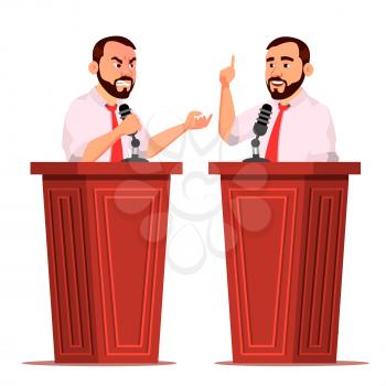 Speaker Man Vector. Businessman, Politician Giving Speech. Rostrum. Candidate. Isolated Flat Cartoon Character Illustration