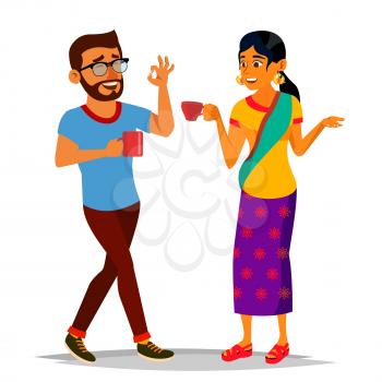 Talking Indian Man And Woman Vector. Laughing Friends, Office Colleagues. Communicating Hindu. Business Person. Talk Of Couple Or Friends. Situation. Meeting. Isolated Cartoon Illustration