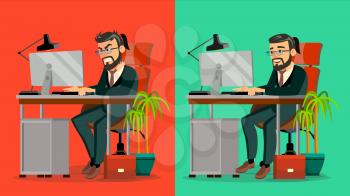 Stressed Out Boss Vector. Bearded CEO Working At Office. Stressful Work, Job. Tired Businessman. Person. Hard Career. IT Startup Business Company. Cartoon Character Illustration