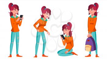 Teen Girl Poses Set Vector. Caucasian, Positive. For Presentation, Print, Invitation Design. Isolated Cartoon Illustration