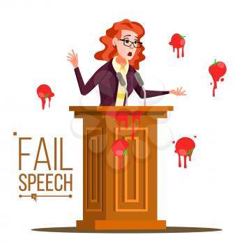 Business Woman Fail Speech Vector. Unsuccessful Messaging. Bad Feedback. Having Tomatoes From Crowd. Tribune, Rostrum With Microphone. Failed Communication. Illustration