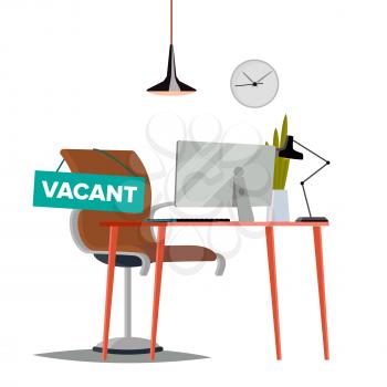 Vacancy Concept Vector. Office Chair. Vacancy Sign. Modern Workplace For Employee. Table With Office Items. Found Right Resume. Seat For Employee. Flat Isolated Illustration