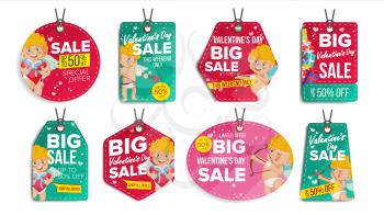 Valentine s Day Sale Tags Vector. Colorful Shopping Discounts Stickers. Cupid. Love Discount Concept. Season February 14 Sale Red, Green Banners. Promotion Illustration