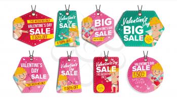 Valentine s Day Sale Tags Vector. Flat February 14 Special Offer Love Stickers. Cupid. 50 Off Text. Hanging Red, Green Banners With Half Price. Modern Illustration