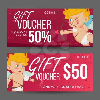 Valentine s Day Voucher Template Vector. Horizontal Free Card. February 14. Valentine Cupid And Gifts. Holidays Love Advertisement. Gift Certificate Red Illustration