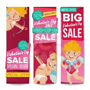 Valentine s Day Sale Banner Vector. February 14 Cupid. December Sale Banner. Website Stickers, Valentine Web Design. Up To 50 Percent Off Promotion Love Vertical Banners. Isolated Illustration