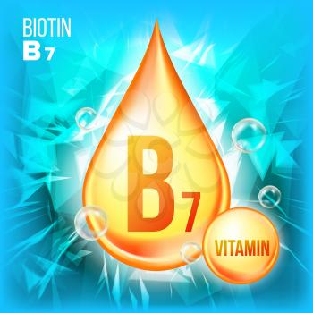 Vitamin B7 Biotin Vector. Vitamin Gold Oil Drop Icon. Organic Gold Droplet Icon. Medicine Liquid, Golden Substance. For Promo Ads Design. Drip 3D Complex. Illustration