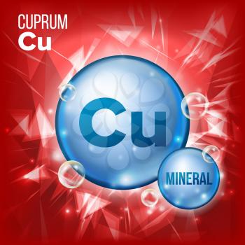 Cu Cuprum Vector. Mineral Blue Pill Icon. Vitamin Capsule Pill Icon. Substance For Beauty, Cosmetic, Heath Promo Ads Design. Mineral Complex With Chemical Formula. Illustration