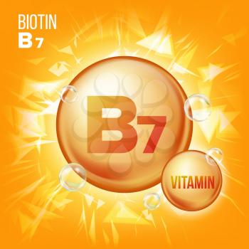 Vitamin B7 Biotin Vector. Vitamin Gold Oil Pill Icon. Organic Vitamin Gold Pill Icon. Medicine Capsule, Golden Substance. For Promo Ads Design. Vitamin Complex With Chemical Formula. Illustration