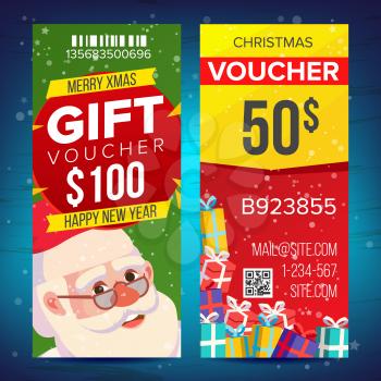 Voucher Coupon Template Vector. Vertical Leaflet Offer. Merry Christmas. Happy New Year. Santa Claus And Gifts. Promotion Advertisement. Free Gift Illustration