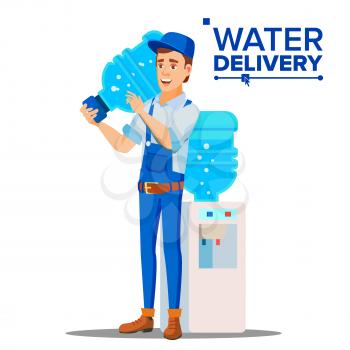 Water Delivery Service Man Vector. Company. Plastic Bottle. Supply, Shipping. Isolated Flat Cartoon Illustration