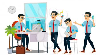 Business Man Character Vector. Working Asian, Man. Team Room. Asiatic. Environment Process In Start Up Office. Programmer, Designer. Code. Javascript. Cartoon Business Character Illustration