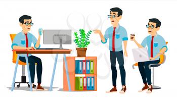 Business Man Character Vector. Working Asian Male. IT Startup Business Company. Environment Process. Developer. Asiatic Full Length. Programmer. Software. Flat Cartoon Business Character Illustration
